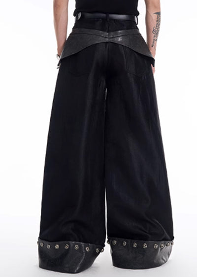 【STARTEXCEEDEND】Leather plus slacks fabric design gimmick wide pants  SC0002