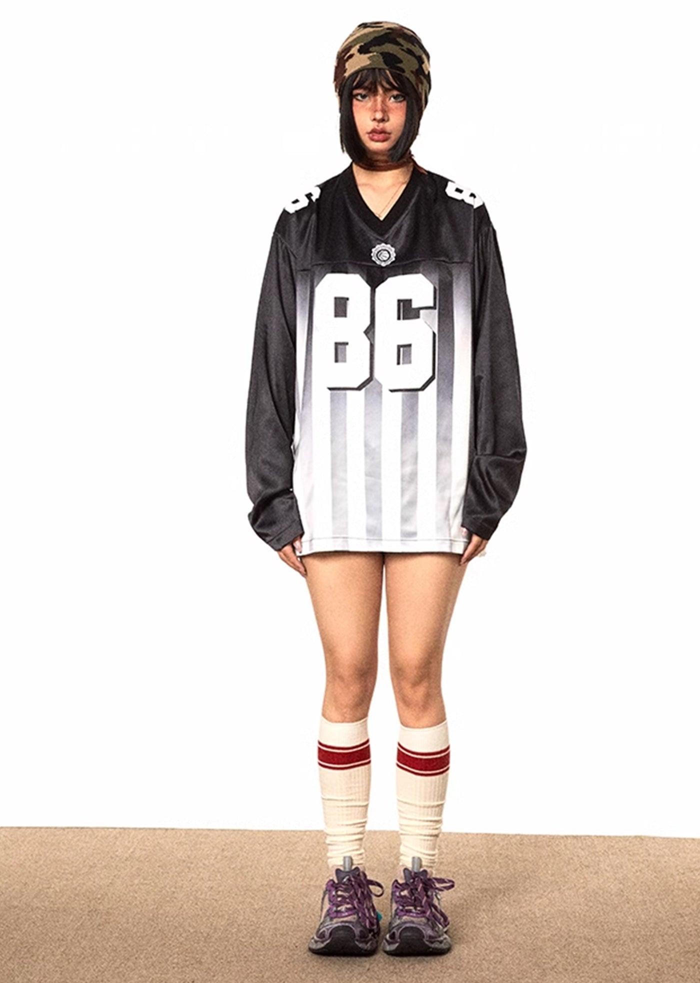 【BLACK BB】Number Initial Gaming Sporty Line Design Long Sleeve T-Shirt  BK0038