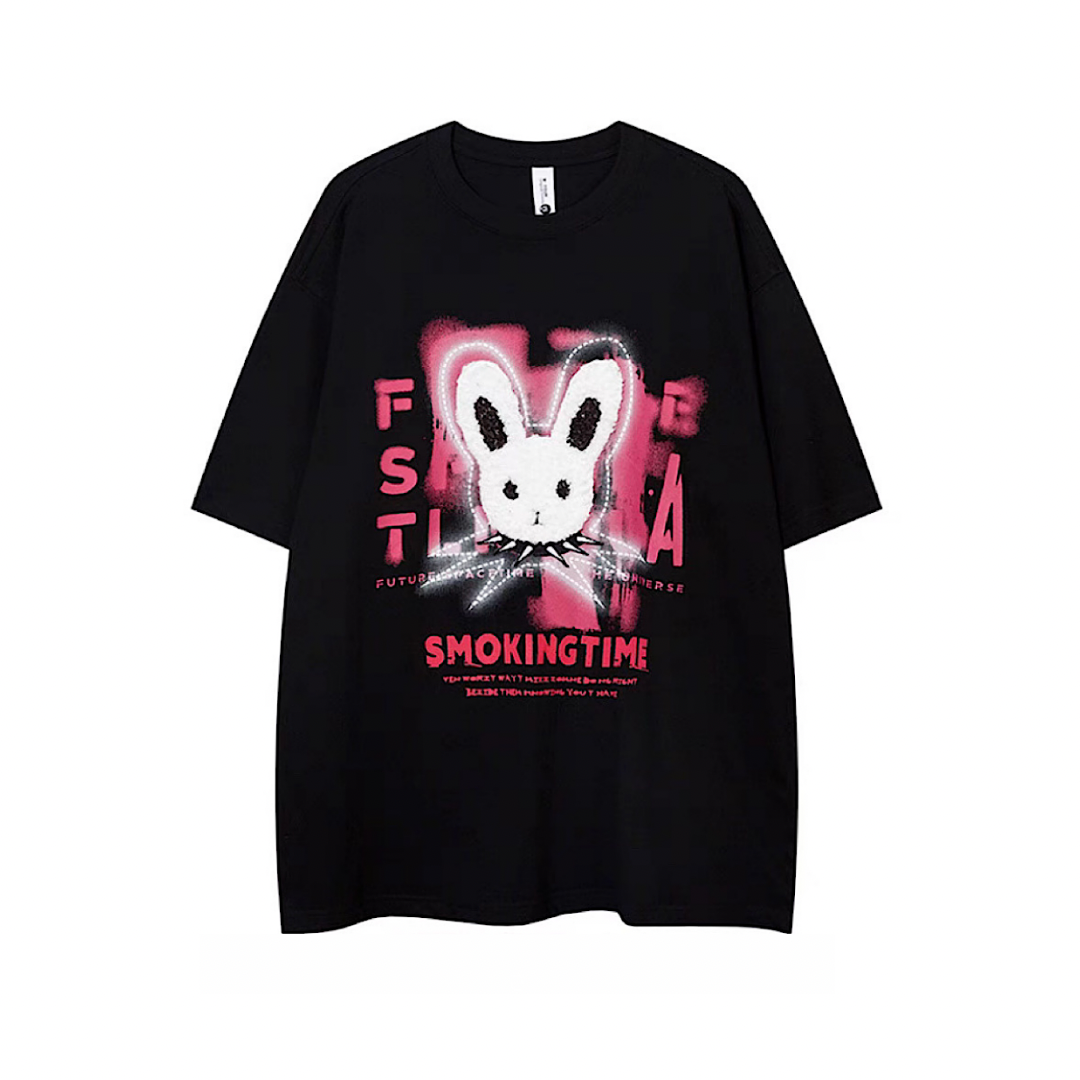 【NIHAOHAO】Punk rabbit design break short sleeve T-shirt  NH0095