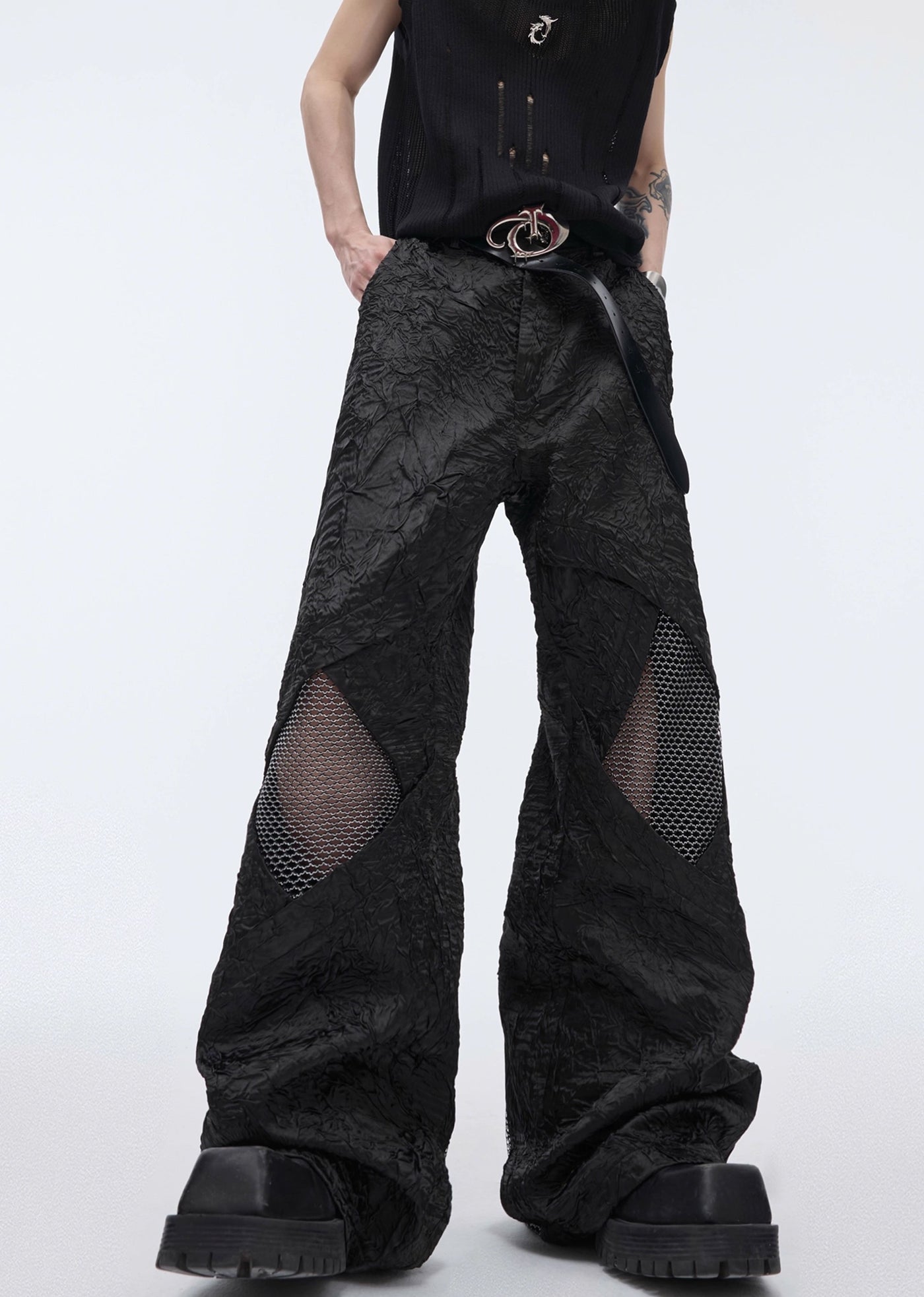 [Culture E] Knee-like mesh design cross wide pants CE0118