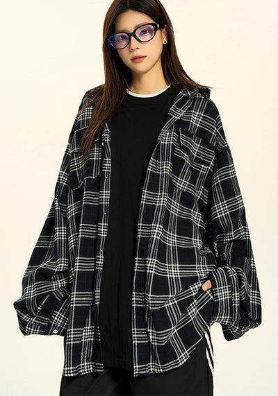 【H GANG X】Basic gray color check pattern design loose long sleeve shirt  HX0094