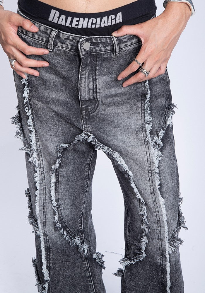 【PLAN1ONE】Double fringe distressed design washed denim pants  PL0047