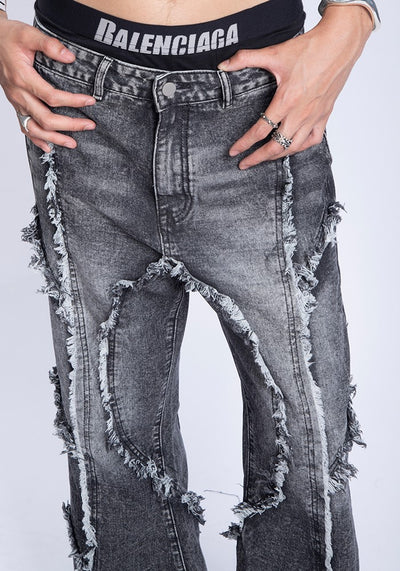 【PLAN1ONE】Double fringe distressed design washed denim pants  PL0047