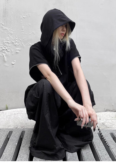 Double gimmick design simple black sleeveless hoodie  HL3070