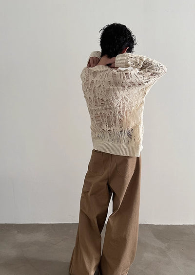 【Very Fewest】Sheer design see-through gimmick color knit sweater  VF0033