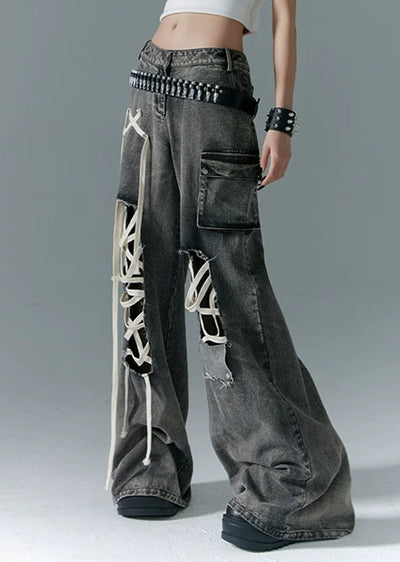 Overalls Gimmick Damaged Design Dull Color Denim Pants  HL3072