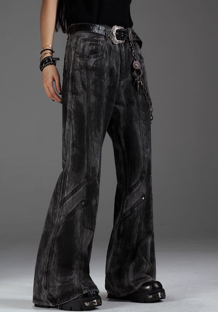 【NOMANIAI 】Dull black color wide flare silhouette design denim pants  NA0006