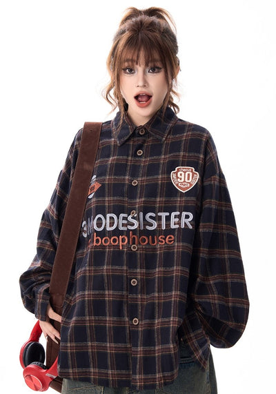 【H GANG X】College logo design American casual style over check long sleeve shirt  HX0093