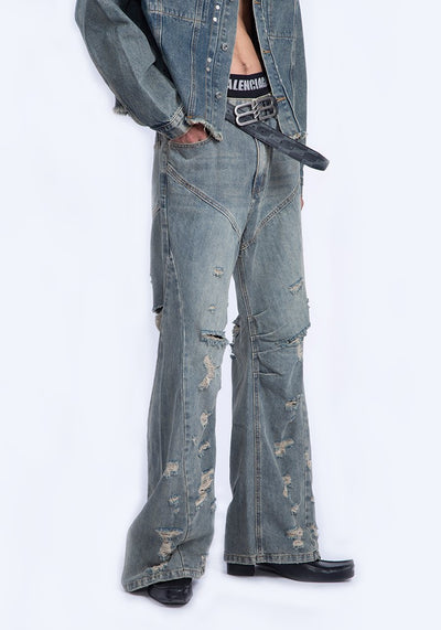 【PLAN1ONE】Grunge scattered distressed vintage style flared denim pants  PL0043