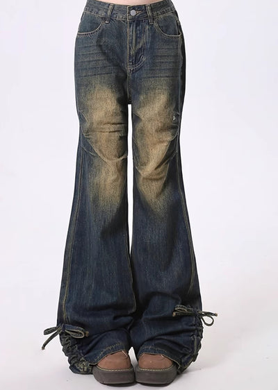 【Rayohopp】Waist check design mid-wash flared silhouette denim pants  RH0124