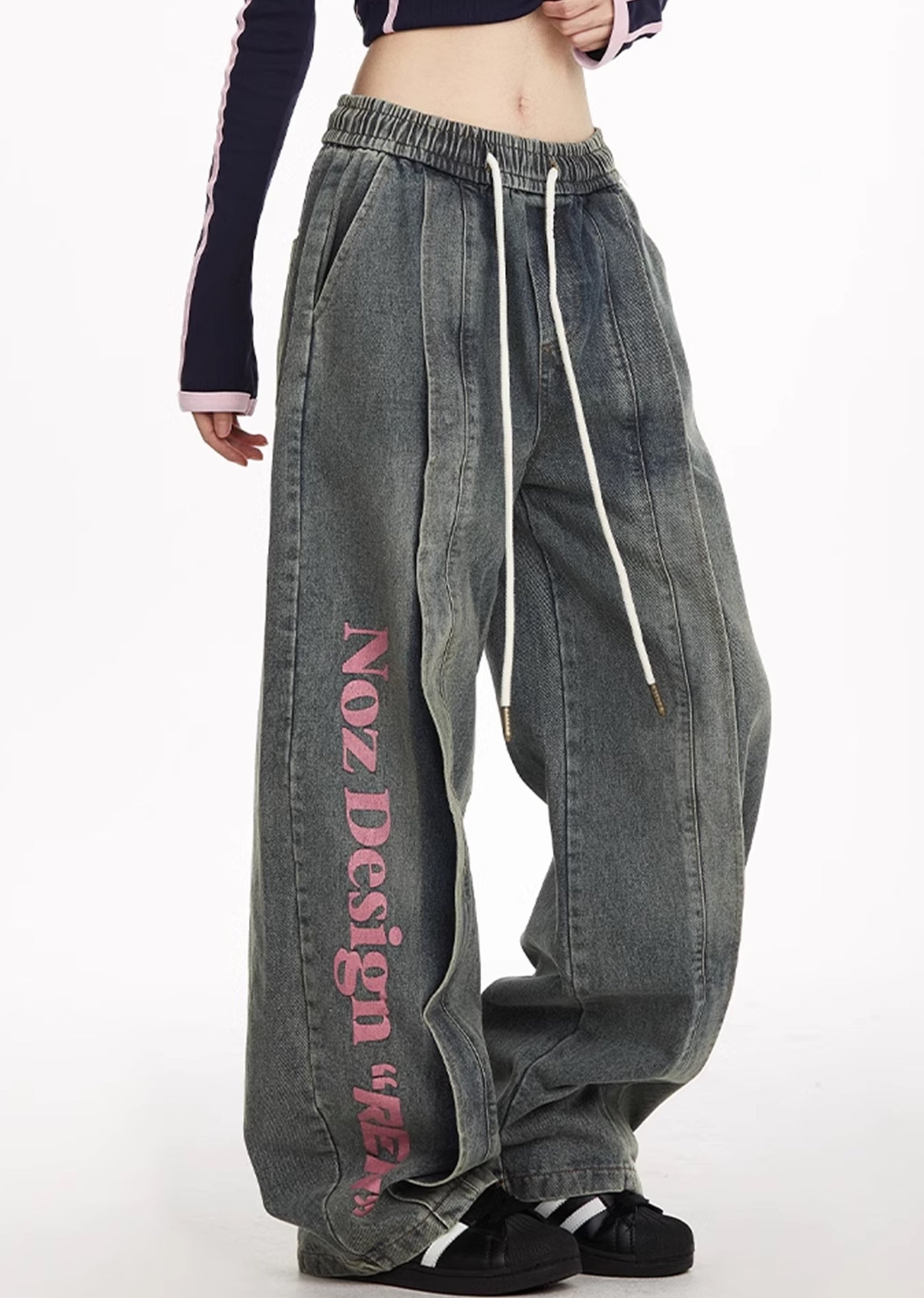 【NOONOZ】One-point pinky initial design wide blue denim pants  NN0002