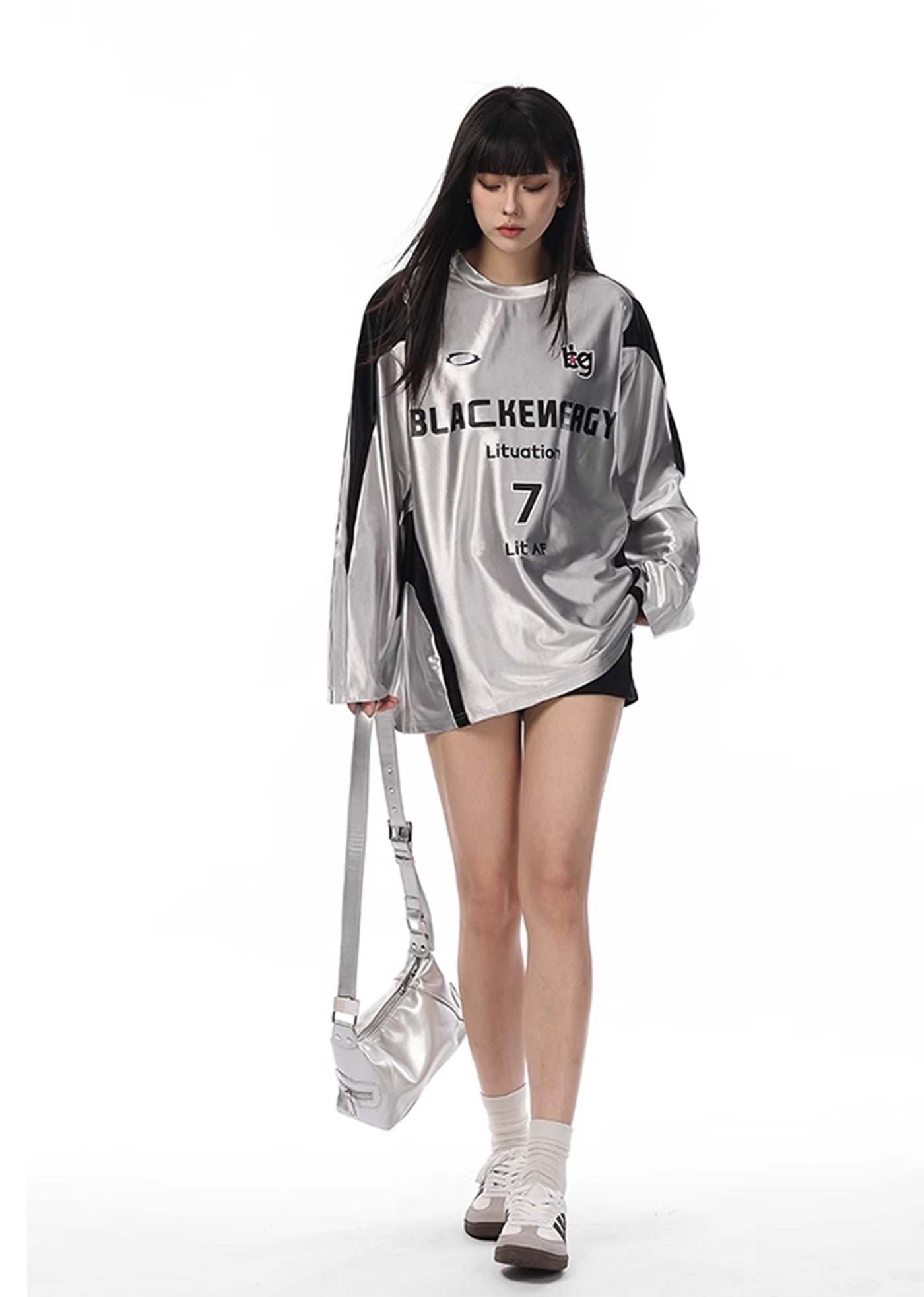 【VINMUK】Shiny silver color gaming initial design long sleeve T-shirt  VM0008