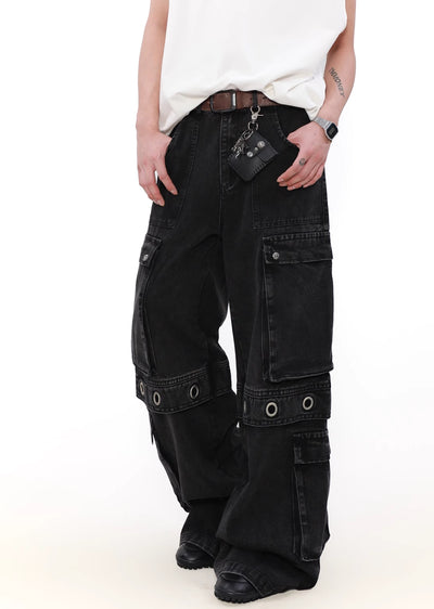 【MR nearly】Multiple gimmick design belt and pocket cover denim pants  MR0130