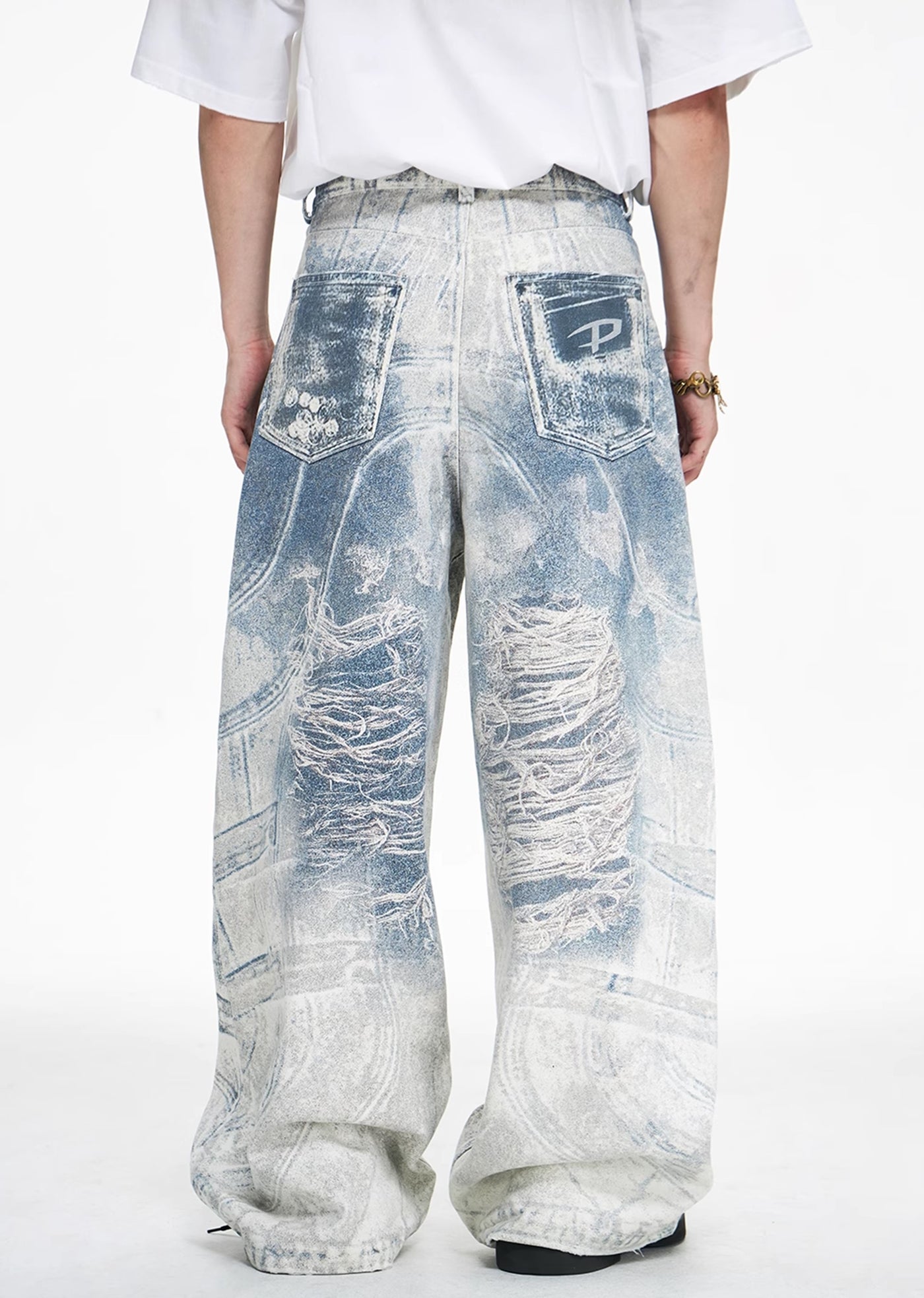 【People Style】Random wash gimmick damage design blue denim pants  PS0028