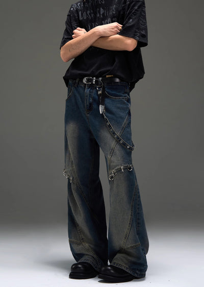 【MAXDSTR】Single suspender design random wash wide denim pants  MD0171