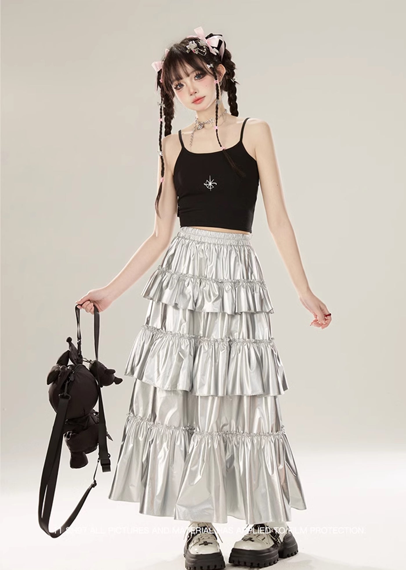 [Eleven shop97] Silver tiered silhouette design glossy skirt ES0020