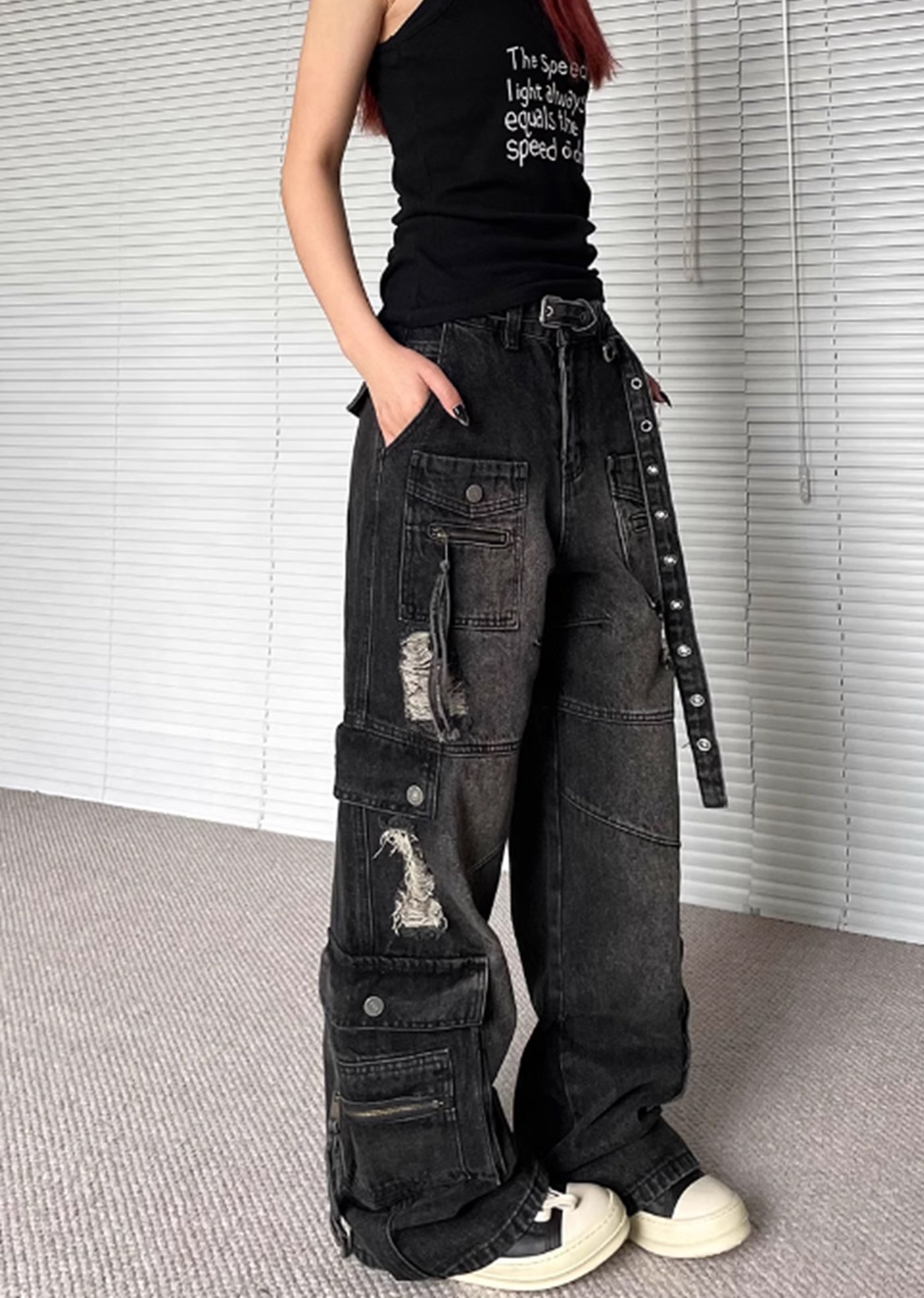 【Apocket】Middle distressed countless pocket design cargo denim pants  AK0020