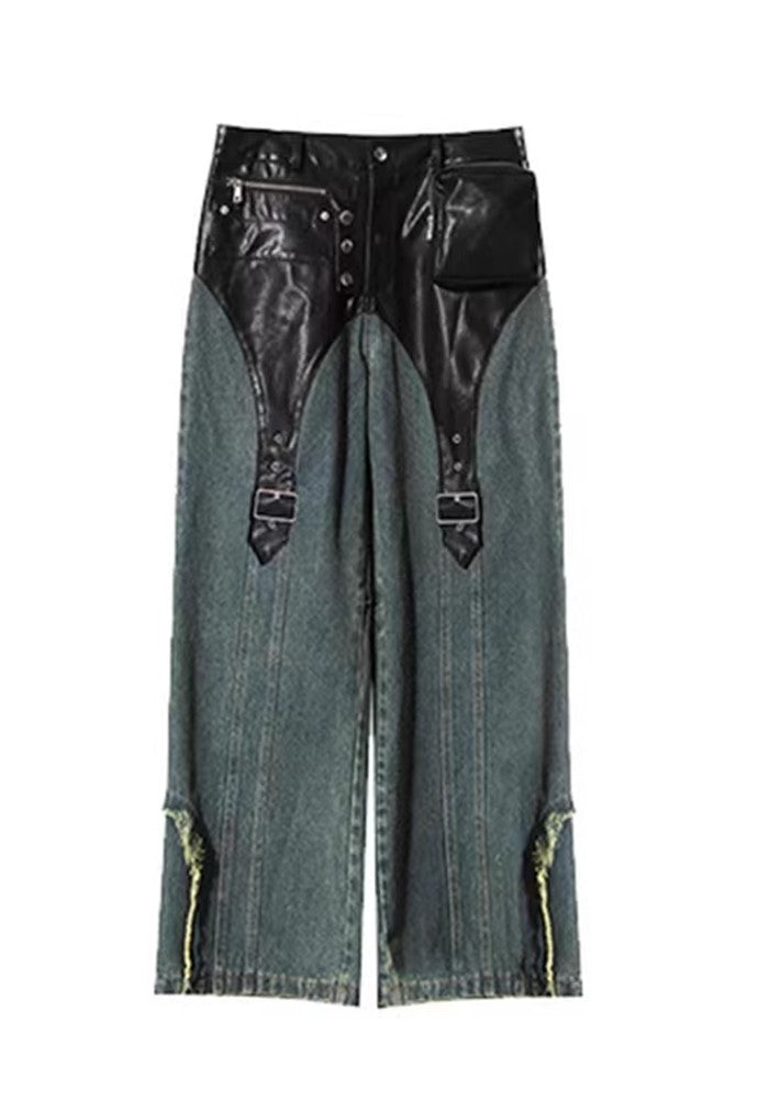 【ROY11】Leather gimmick design dull color base wide denim pants  RY0002