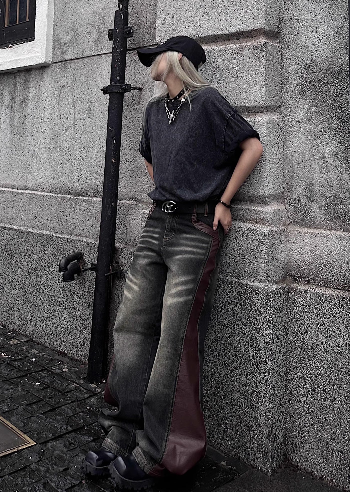 【TR BRUSHSHIFT】Side leather collar design denim wide pants  TB0045