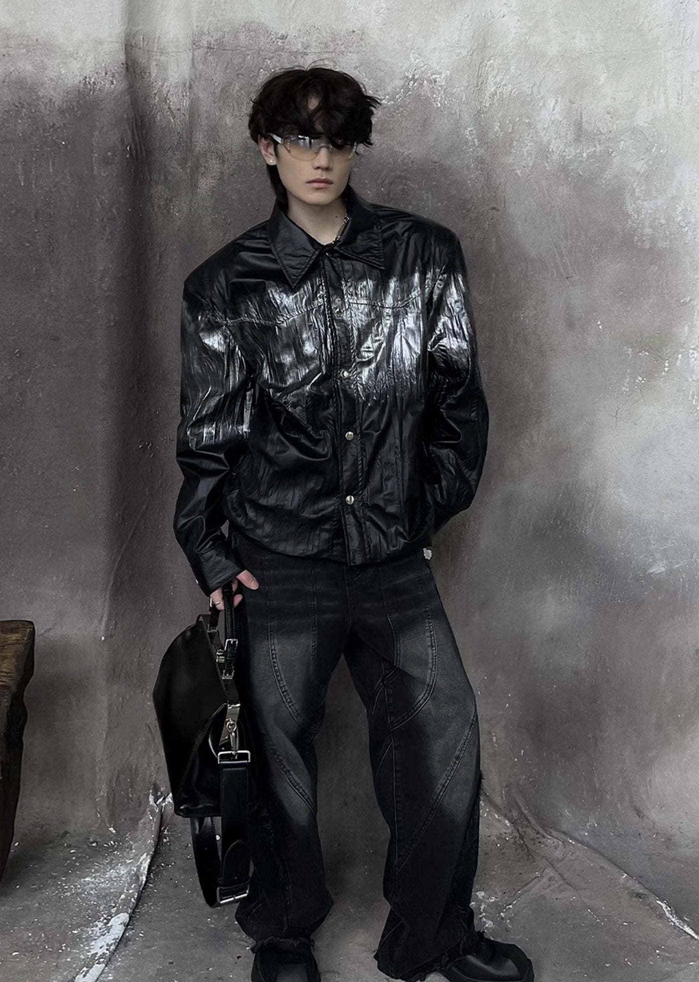 【SOULWORKER】Black glossy design color overload silhouette jacket  SW0024