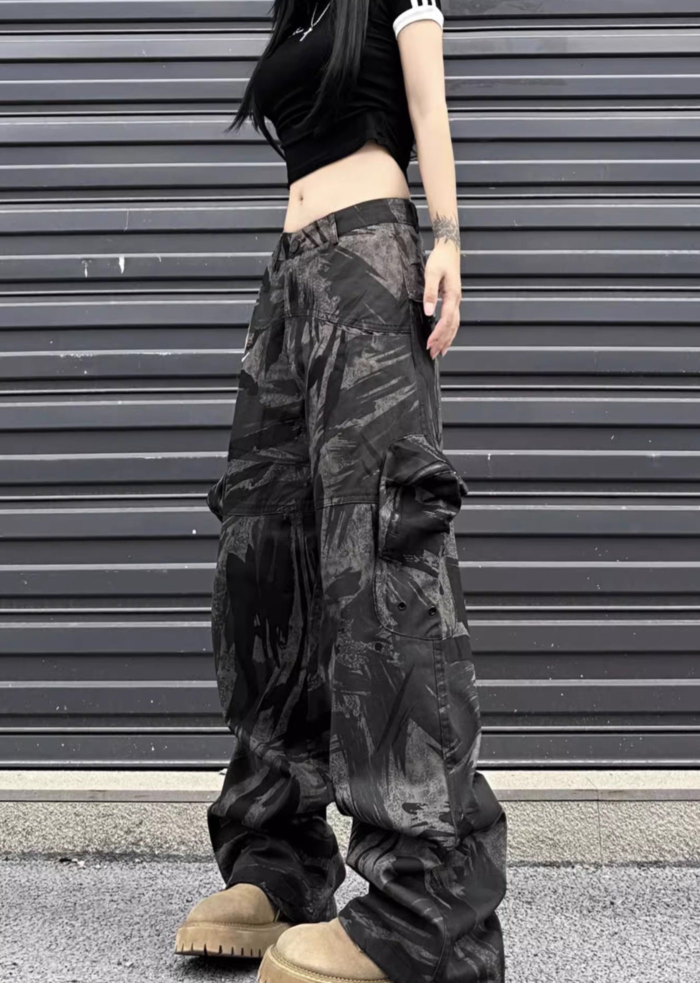 【W3】Dark camouflage design wide straight silhouette pants  WO0076