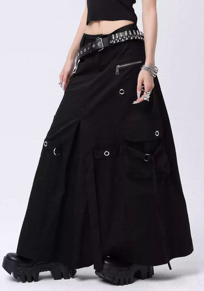 【ROY11】Wide over silhouette gimmick black skirt  RY0005