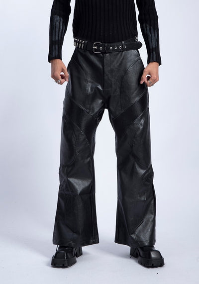 【PLAN1ONE】High leather design wide straight silhouette pants  PL0039