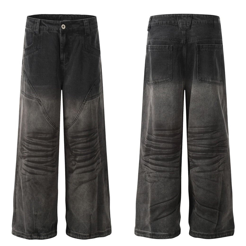 【Mz】Gradient gray black color wide straight denim pants  MZ0038