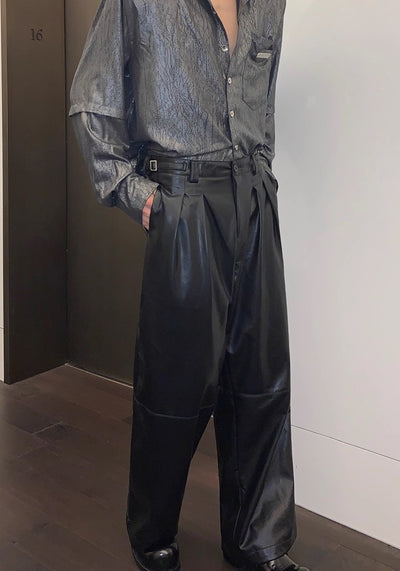 【CUIBUJU】Glossy design wide straight silhouette leather pants  CB0050