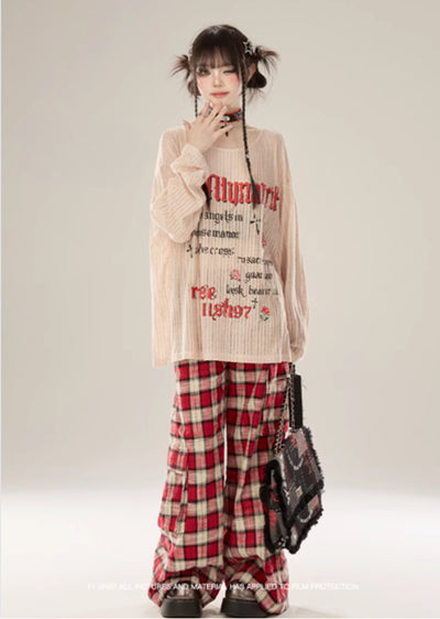 【Eleven shop97】Red check color wide silhouette subculture pants  ES0018