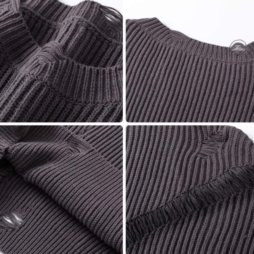 【Mz】Dark dull purple point wash line damage knit sweater  MZ0040