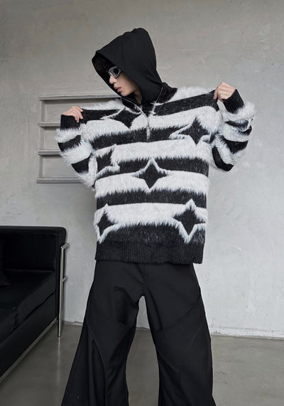 【MARTHENAUT】Monotone style half zip border star knit sweater  MH0046