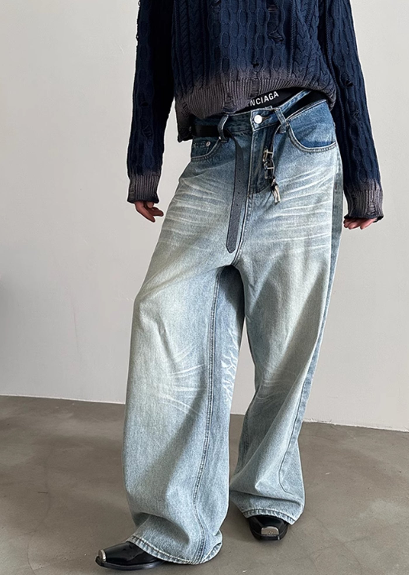 【Very Fewest】Dull base color white blue wide silhouette denim pants  VF0028