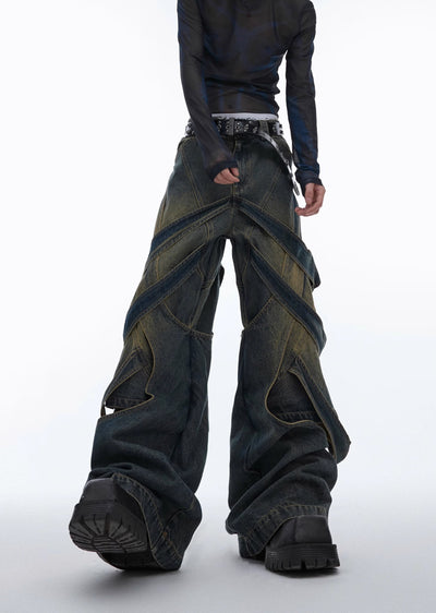 【Culture E】Dull wash cross infinity design denim wide pants  CE0146