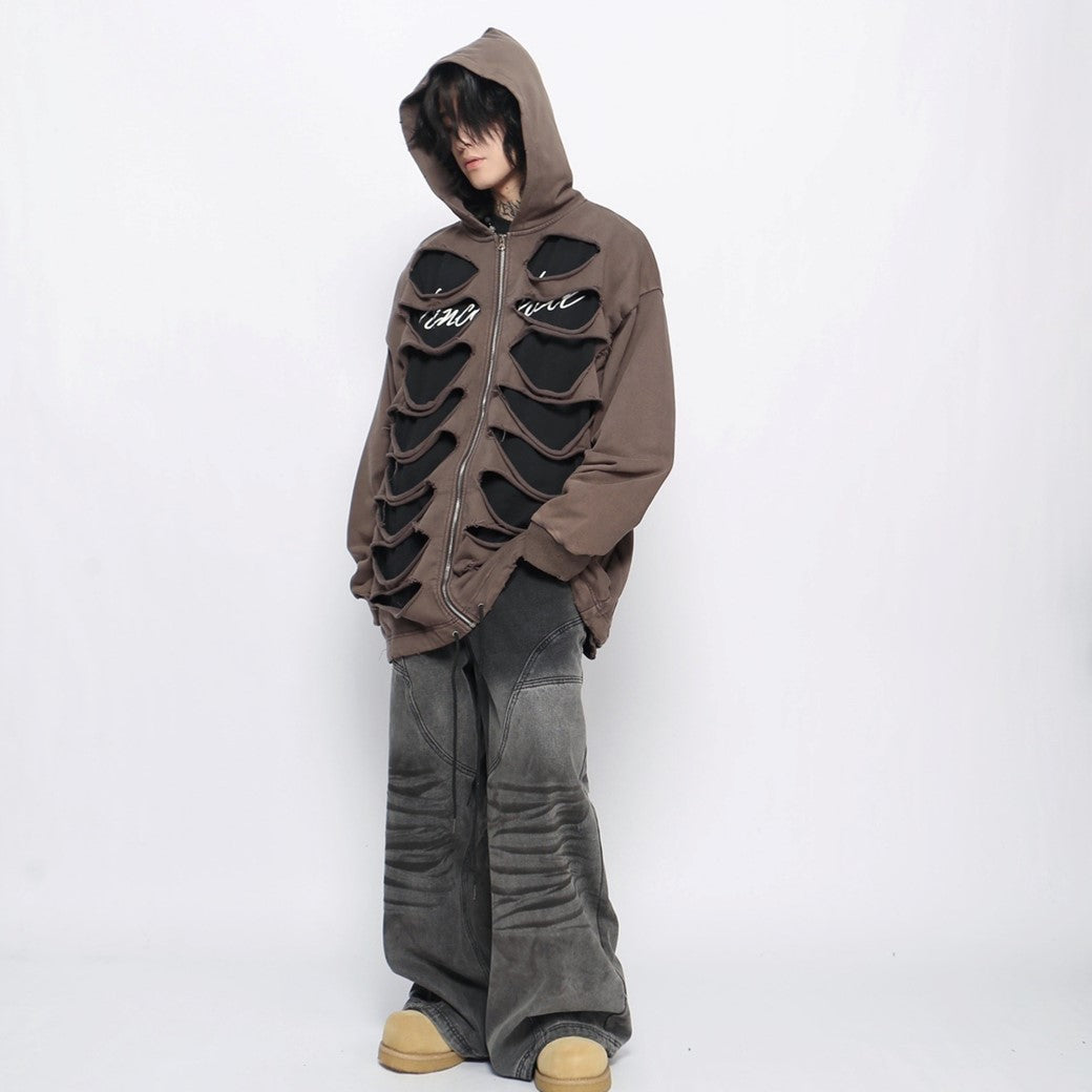 【Mz】Double layer bone-like gimmick design damage wide hoodie  MZ0037