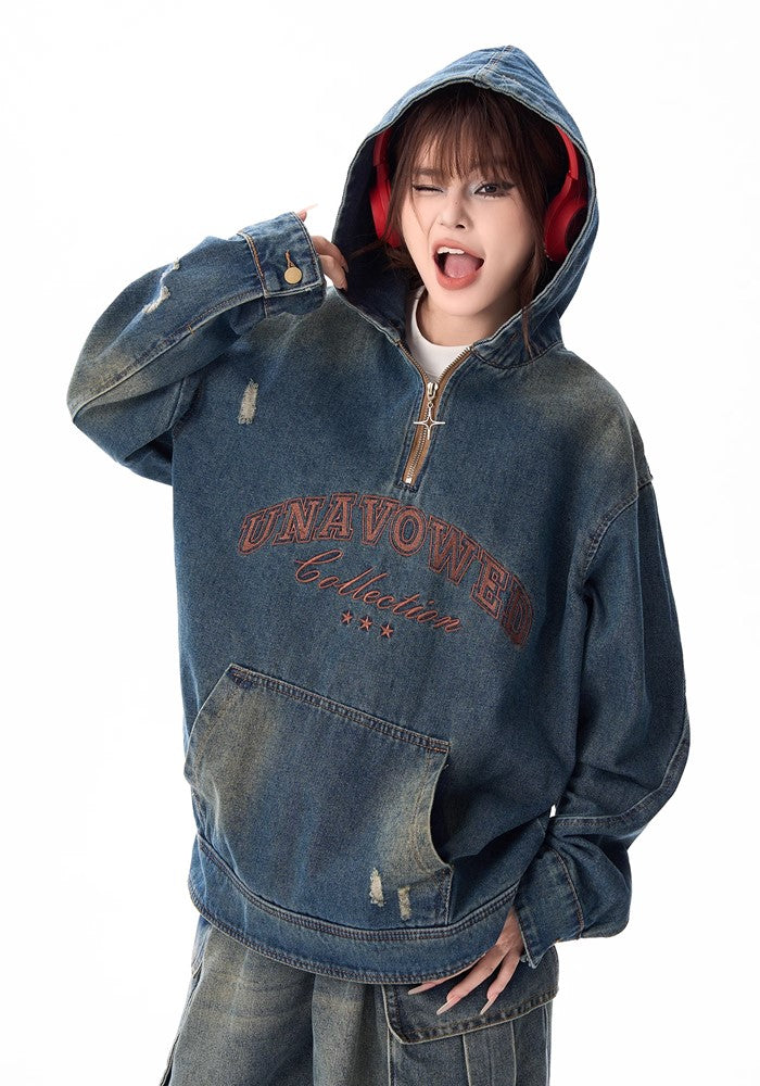 【H GANG X】Double-wash vintage denim overdesign hoodie  HX0087