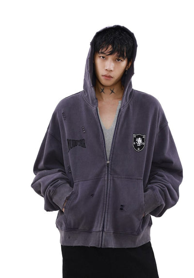 【MR nearly】Dull base color mid-length design damaged full zip hoodie  MR0142