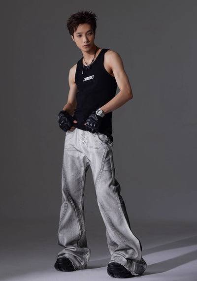 【NOMANIAI 】Tuck design white base color flare straight denim pants  NA0003