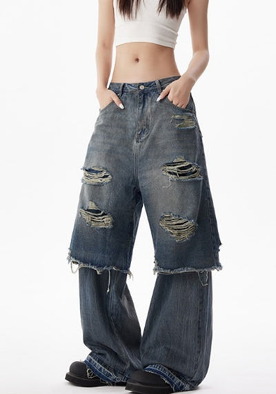 【H GANG X】Mid-length distressed half-docking layered style denim pants  HX0102