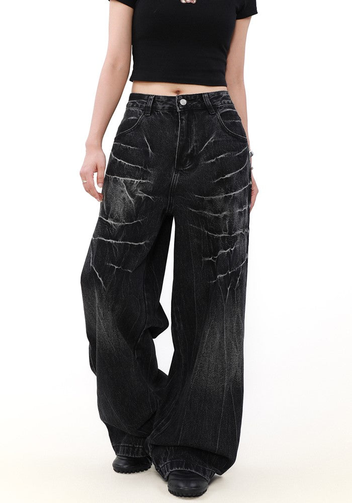 【MR nearly】Cracked distressed wash black wide denim pants  MR0146