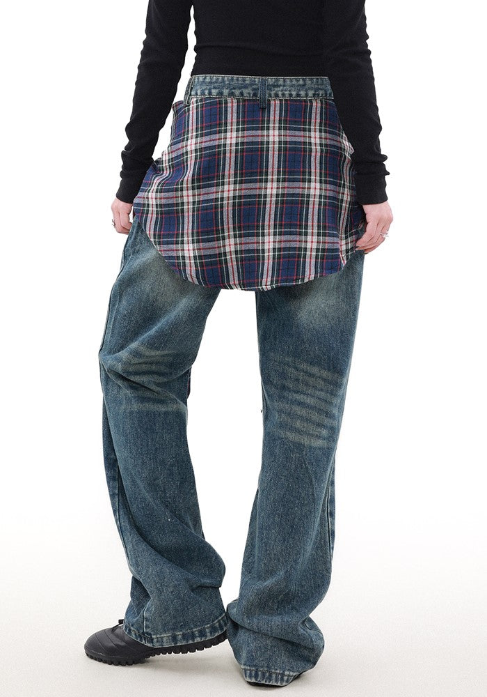 【MR nearly】Check gimmick layered style flare denim pants  MR0139