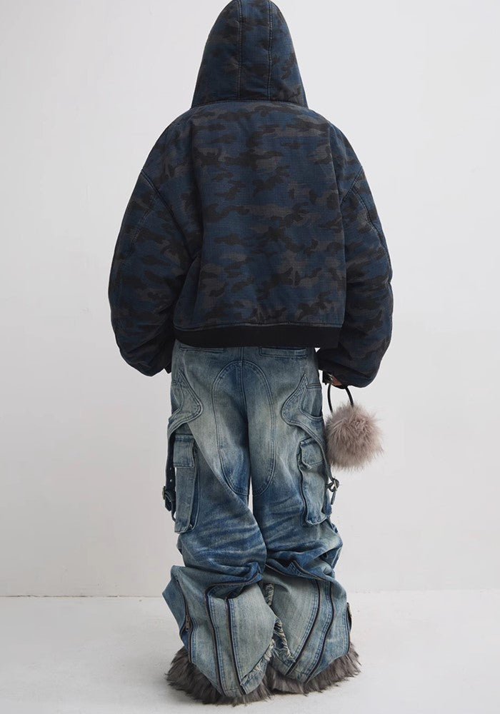 【People Style】Wide base gimmick cargo point mid-wash denim pants  PS0043