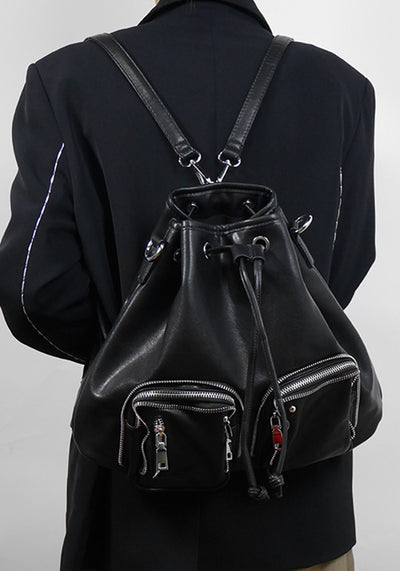 【PRT】Backpack-style drawstring design black bag  PT0006