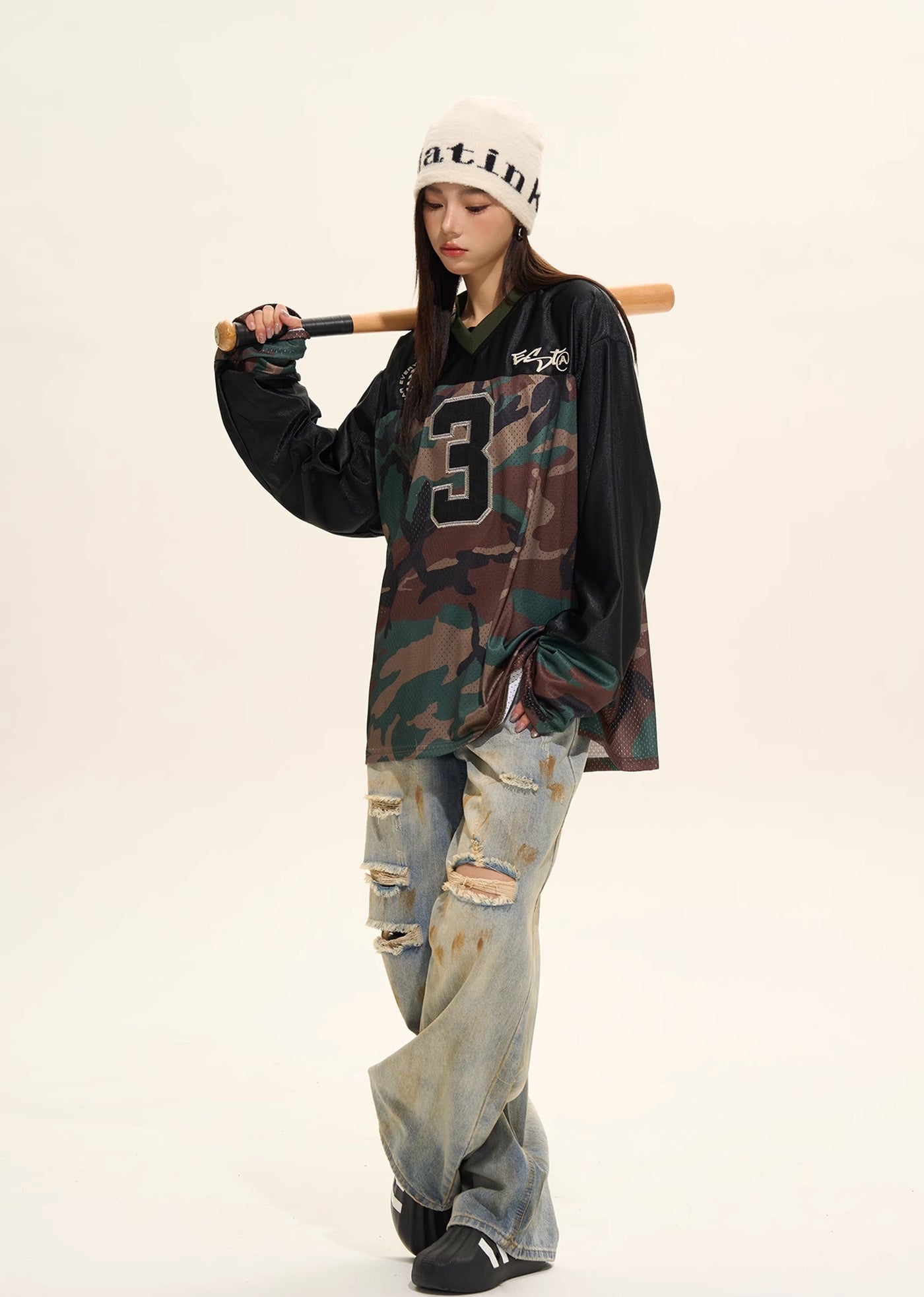 【H GANG X】Front number initial camouflage bicolor design long sleeve T-shirt  HX0078