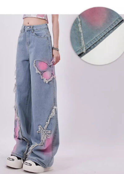 [Rayohopp] Color butterfly design attachment balance denim pants RH0108
