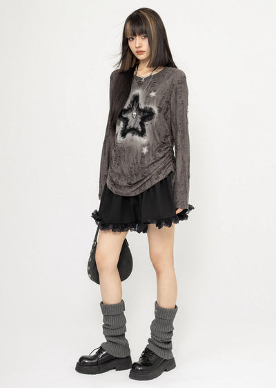 【ZERO STORE】Grunge dull star design messy long sleeve T-shirt  ZS0048