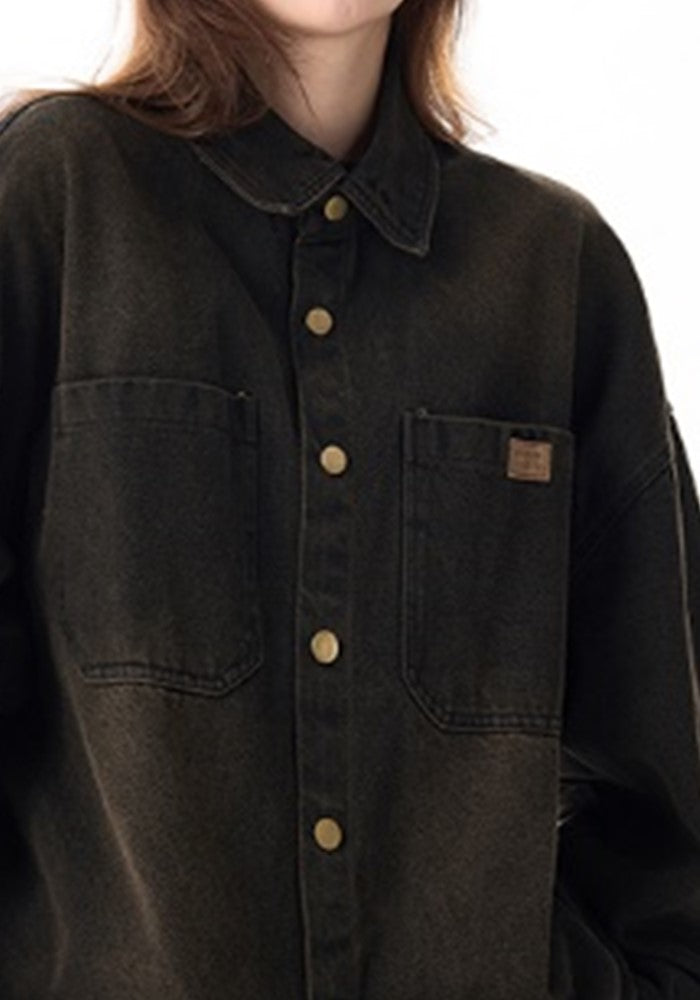 【H GANG X】Simple basic casual design mid-wash denim long sleeve shirt  HX0096