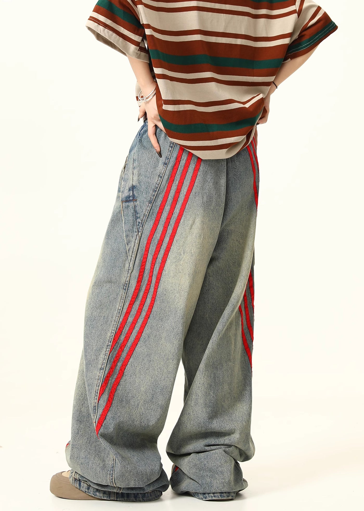 Double Red Line Design Washed Denim Pants  HL3060