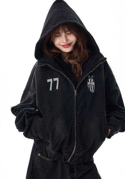 【H GANG X】One point college logo design full zip short length hoodie  HX0092