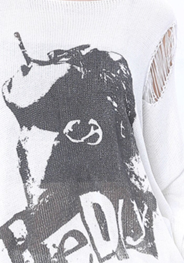 【ROY11】Myriad Damage Design White Color Grunge Illustration Long Sleeve T-Shirt  RY0013